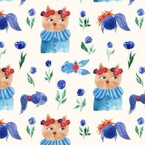 M, Funny Cat,Cute Fish,Roses - Carolina Blue,Sea Green on Floral White