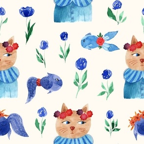 L, Funny Cat,Cute Fish,Roses - Carolina Blue,Sea Green on Floral White