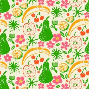 Fruits & Flowers Block Print-Inspired / Green, Yellow & Pink / Medium