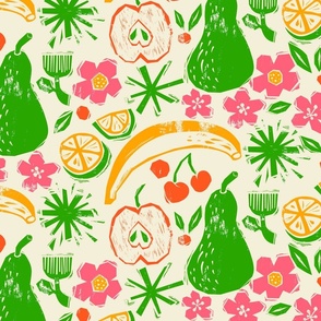 Fruits & Flowers Block Print-Inspired / Green, Yellow & Pink / Large