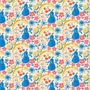 Fruits & Flowers Block Print-Inspired / Blue, Yellow & Pink / Small