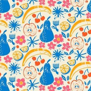 Fruits & Flowers Block Print-Inspired / Blue, Yellow & Pink / Medium