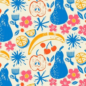 Fruits & Flowers Block Print-Inspired / Blue, Yellow & Pink / Large