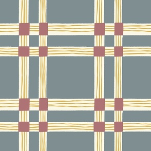 Hand drawn wonky plaid in blue gray, mauve, gold (Small)