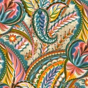 paisley swirling floral / medium scale col6 bright riso multicolor