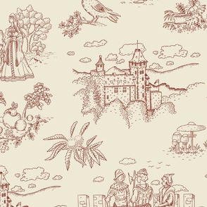 Toile de Jouy with medieval castle and knights on ivory cream | large