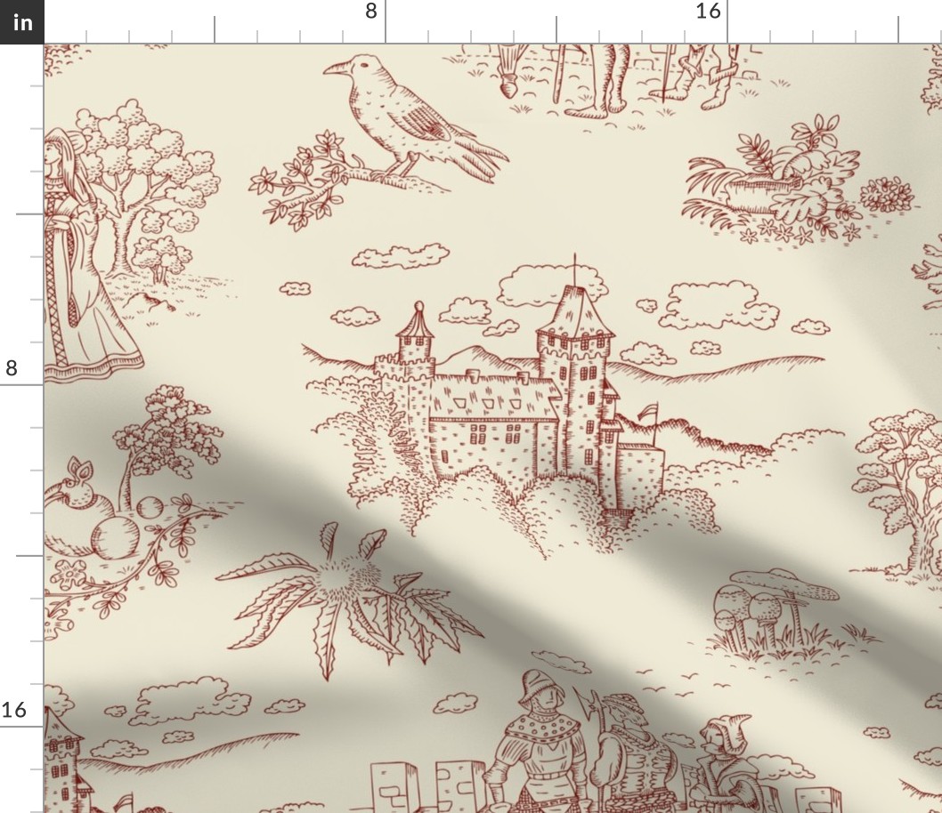 Toile de Jouy with medieval castle and knights on ivory cream | large