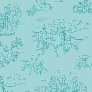 Toile de Jouy with medieval castle and knights on robin´s egg blue | large