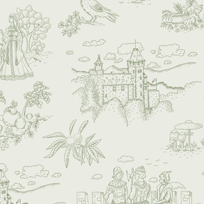 Toile de Jouy with medieval castle and knights on eggshell white | large
