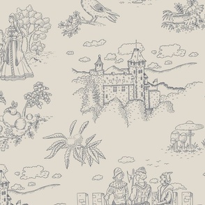 Toile de Jouy with medieval castle and knights on pale gray | large