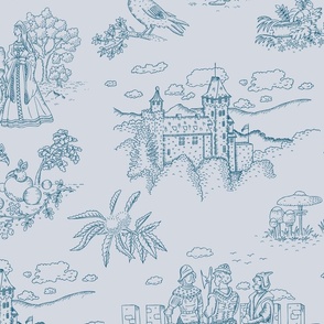 Toile de Jouy with medieval castle and knights on light blue | large