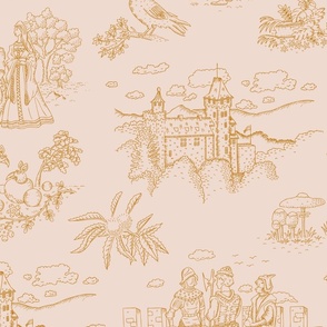 Toile de Jouy with medieval castle and knights in desert sun on blush | large