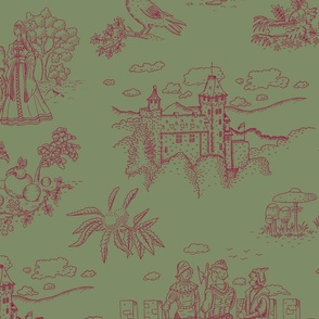 Toile de Jouy with medieval castle and knights on sage | large