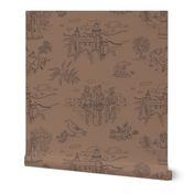 Toile de Jouy with medieval castle and knights on mocha | large