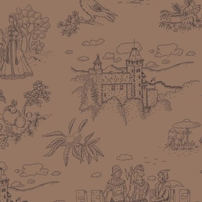 Toile de Jouy with medieval castle and knights on mocha | large