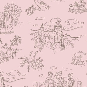 Toile de Jouy with medieval castle and knights in bark on cotton candy | large