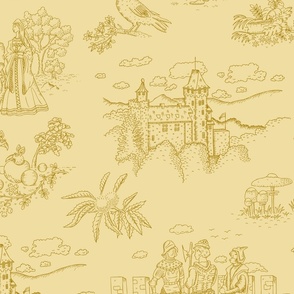 Toile de Jouy with medieval castle and knights on pale gold | large