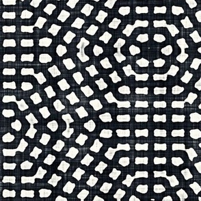 Batik Block Print Tribal Hexagon Dots Mosaic in Graphite Black and Natural White (Large Scale)