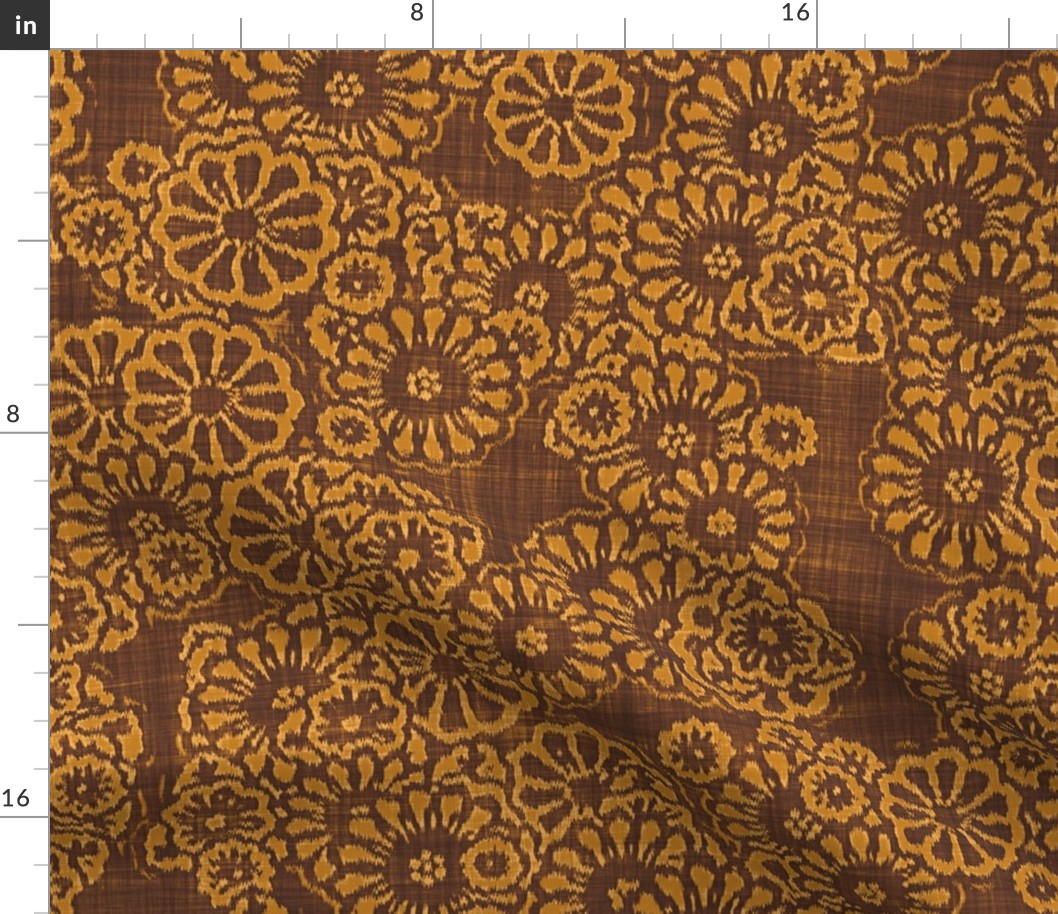 Boho Ikat Flowers Batik Block Print in Cinnamon Brown and Desert Sun (Large Scale)