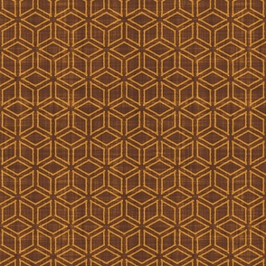 Geometric Isometric Cubes Batik Block Print in Cinnamon Brown and Desert Sun (Medium Scale)