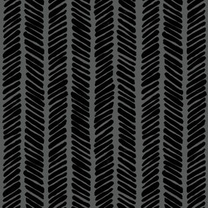 Hand Drawn Doodle Herringbone Stripes, Black and Dark Grey (Medium Scale)