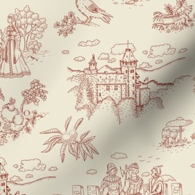 Toile de Jouy with medieval castle and knights on ivory cream | medium