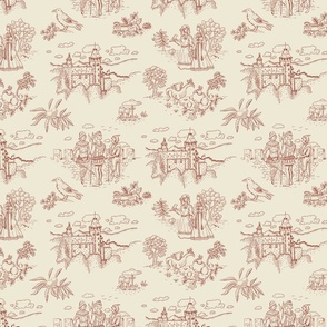 Toile de Jouy with medieval castle and knights on ivory cream | medium