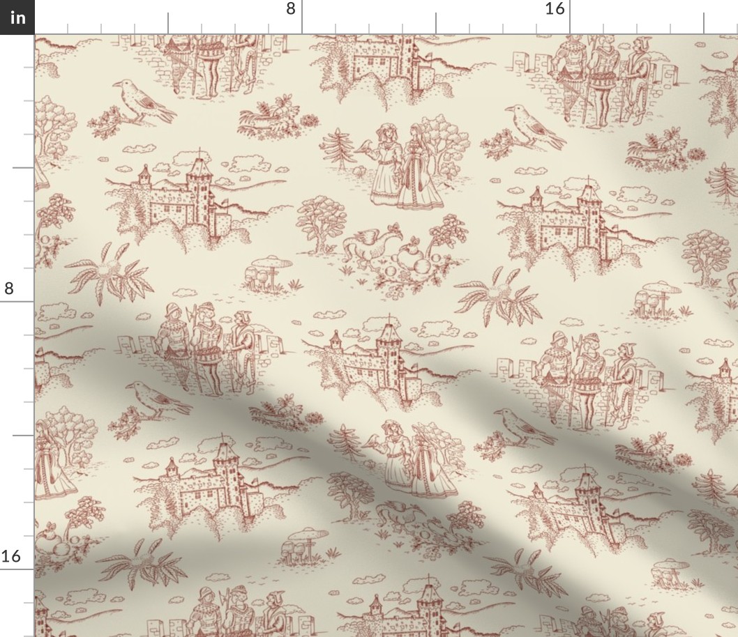 Toile de Jouy with medieval castle and knights on ivory cream | medium