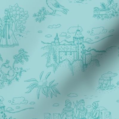 Toile de Jouy with medieval castle and knights on robin´s egg blue | medium