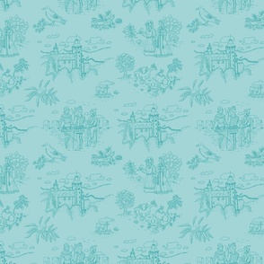 Toile de Jouy with medieval castle and knights on robin´s egg blue | medium