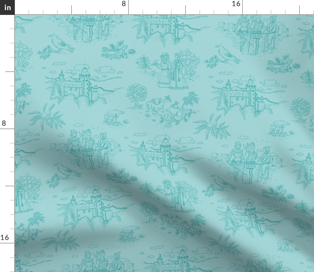 Toile de Jouy with medieval castle and knights on robin´s egg blue | medium