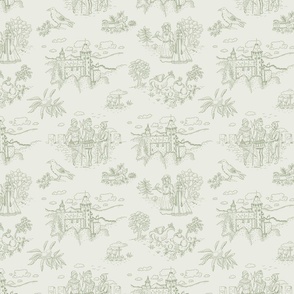 Toile de Jouy with medieval castle and knights on eggshell white | medium