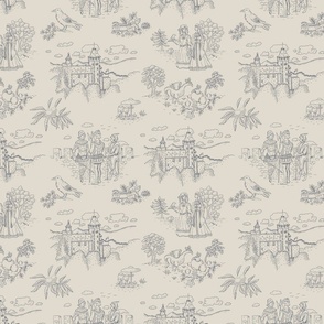 Toile de Jouy with medieval castle and knights on pale gray | medium