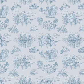 Toile de Jouy with medieval castle and knights on light blue | medium