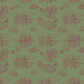 Toile de Jouy with medieval castle and knights on sage | medium