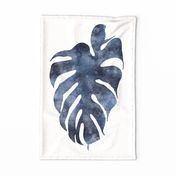 botanical wall hanging - watercolor indigo blue monstera leaf - blue botanical tea towel