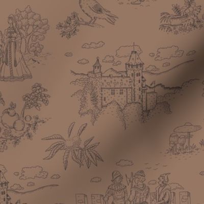 Toile de Jouy with medieval castle and knights on mocha | medium