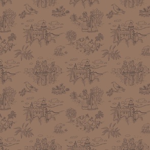 Toile de Jouy with medieval castle and knights on mocha | medium