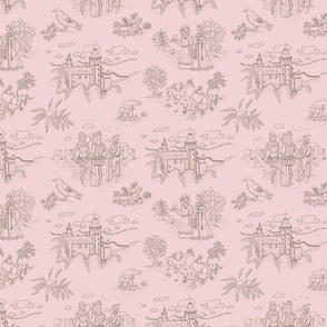 Toile de Jouy with medieval castle and knights in bark on cotton candy | medium