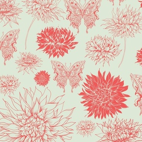 Botanica dahlia and butterflies coral and sage Wallpaper