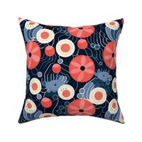 floral geometric botanical in red and blue inspired by hilma af klint