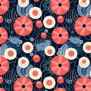 floral geometric botanical in red and blue inspired by hilma af klint