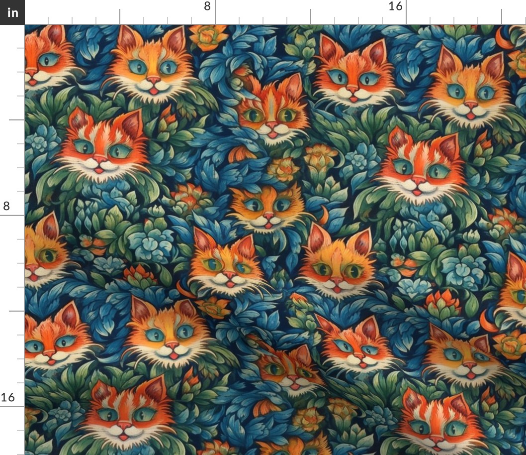 blue and green floral cat fun inspired by louis wain