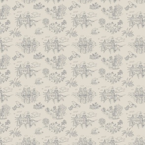 Toile de Jouy with medieval castle and knights on pale gray | small