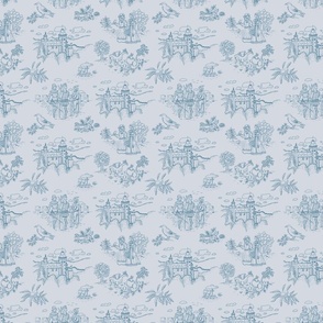 Toile de Jouy with medieval castle and knights on light blue | small