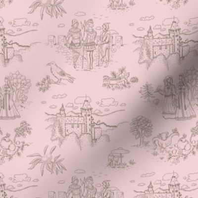 Toile de Jouy with medieval castle and knights in bark on cotton candy | small