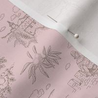 Toile de Jouy with medieval castle and knights in bark on cotton candy | small