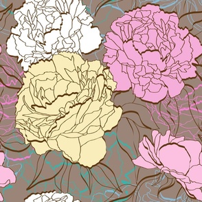 Retro Peony Blossom Line Drawing Mid Century Modern Floral Motif on Brown, Pink, Yellow, White Vintage Flowers 