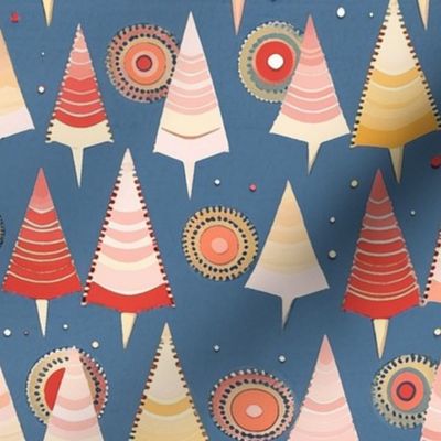 art nouveau geometric christmas trees in pink red and yellow inspired by hilma af klint