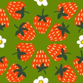 Strawberries and Flowers on Green - Large